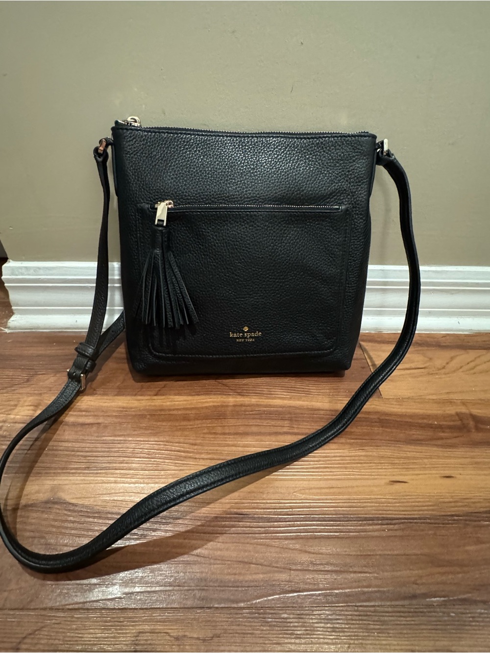 kate spade made in Rwanda Black Pebbled Leather Crossbody with Tassel
